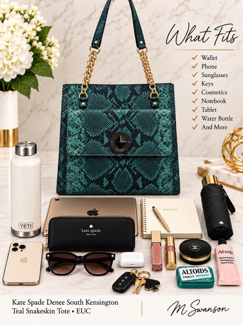 Kate Spade Denee South Kensington Teal Snakeskin Leather Tote Shoulder Bag - Picture 6 of 15